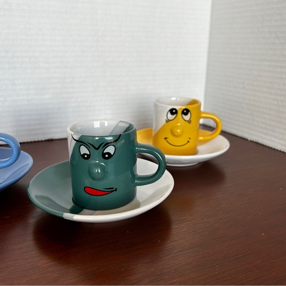 Set of 3 Yably Colourful Funny Face Expresso Cups and Saucers - Picture 3 of 12